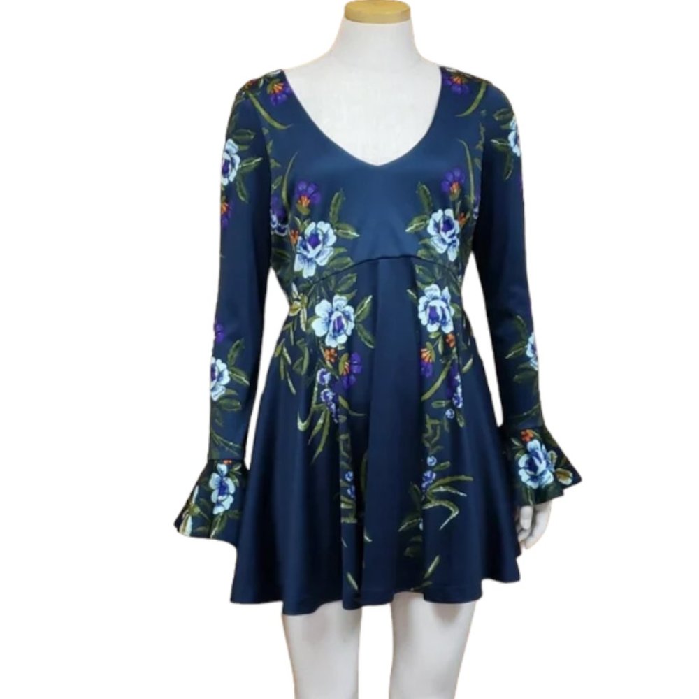 Free People Dress S Floral Bell Sleeve Open Back Mini Boho Festival Romantic